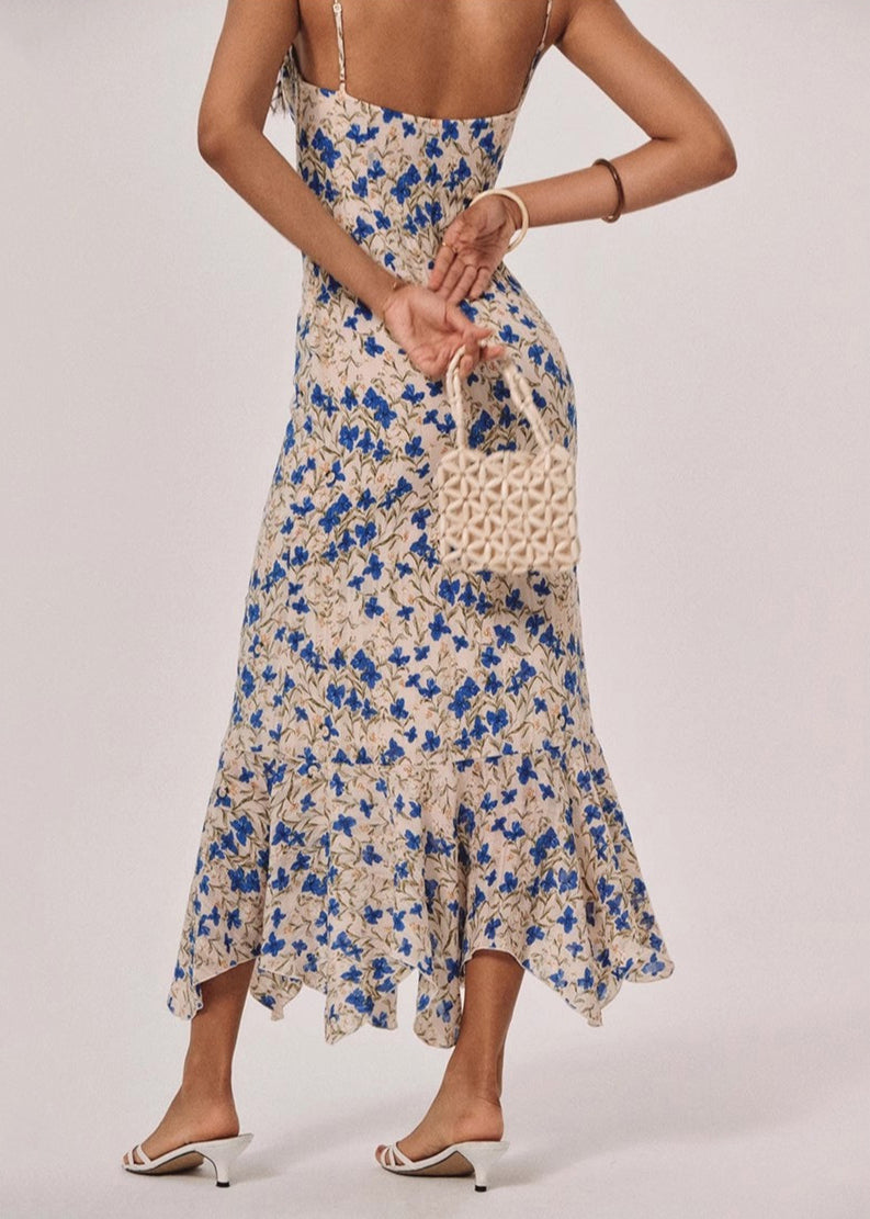 French Blue Print Slim Fit Cotton Spaghetti Strap Dress Summer
