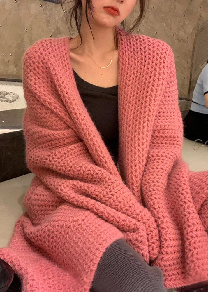 Pink Pockets Hollow Out Knit Cardigans Long Sleeve