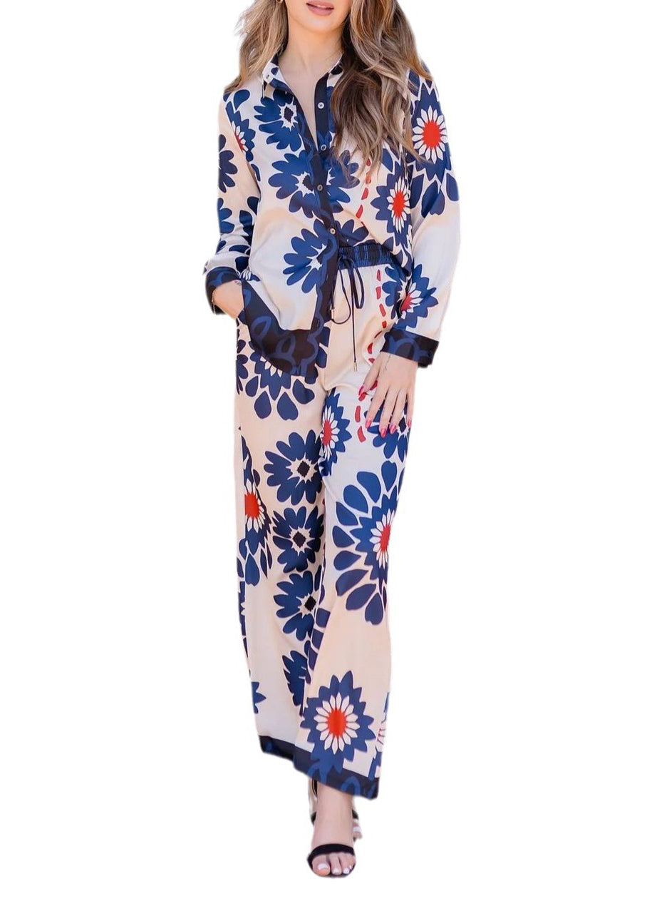 Fine Blue Print Tops and Pants Silk Two Pieces Set Long Sleeve