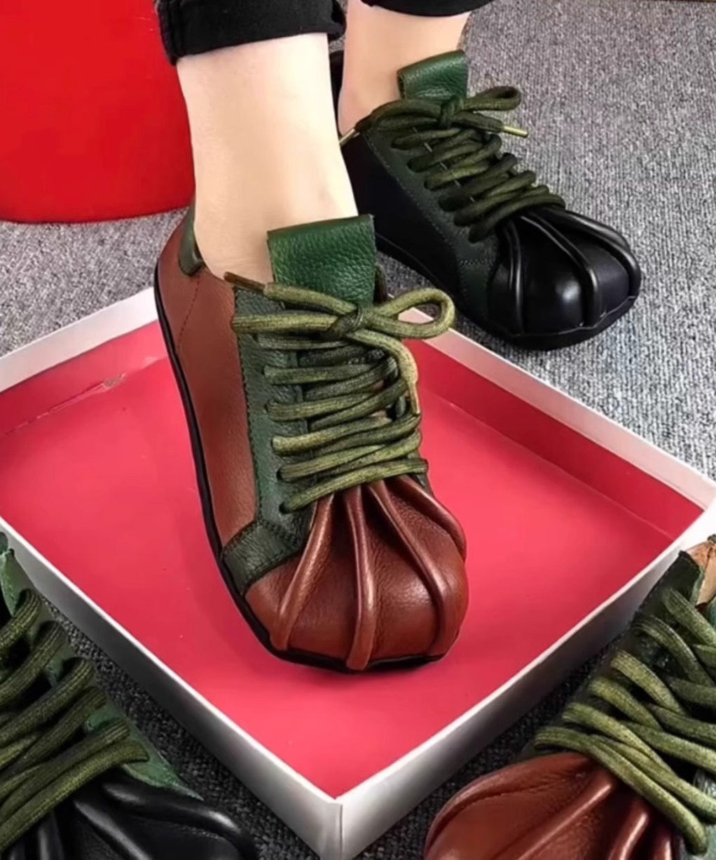 Green Cowhide Leather Flat Shoes Splicing Lace Up