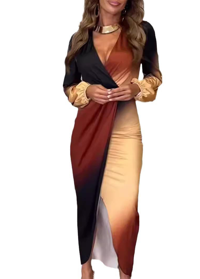 Gradient Color V Neck Patchwork Cotton Dress Long Sleeve