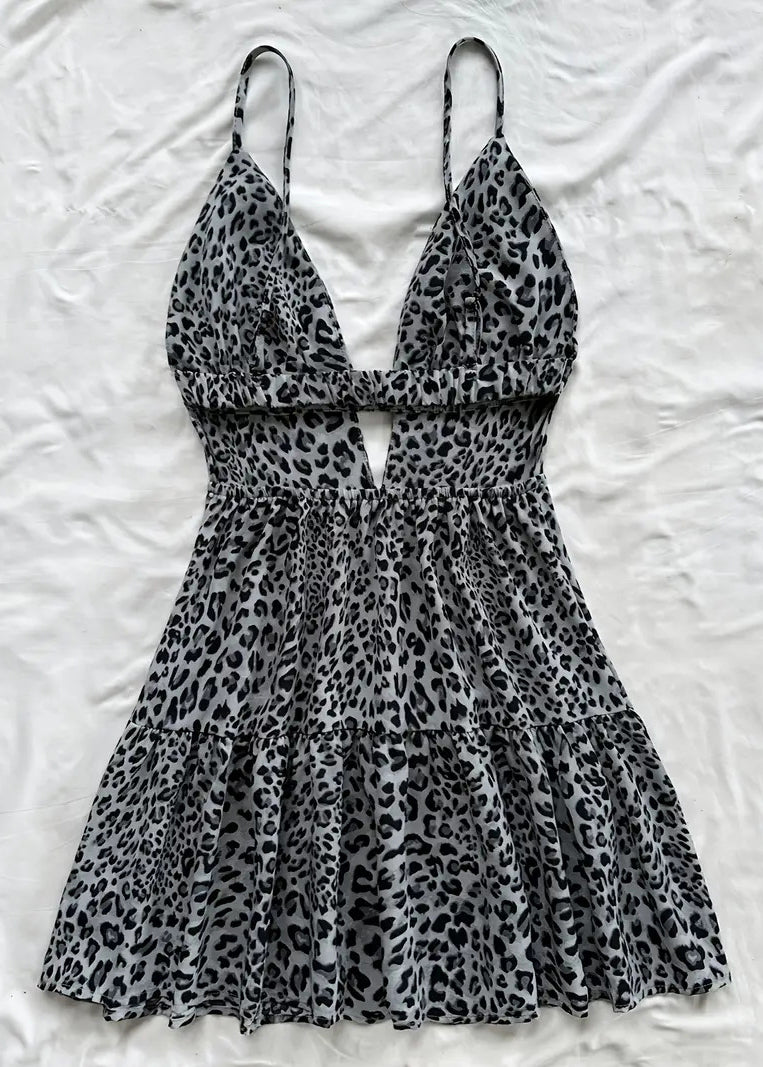 Stylish Leopard Backless Print Cotton Mini Dress Summer