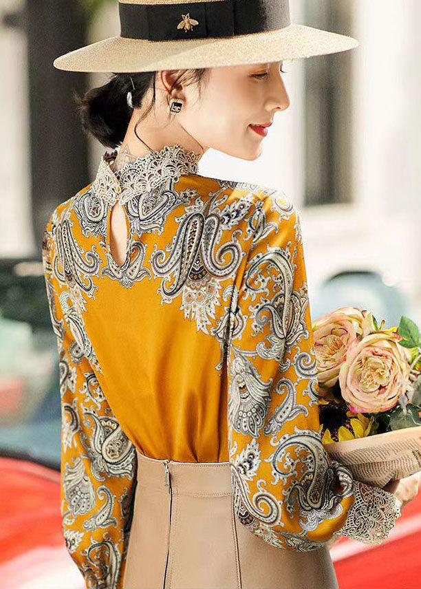 Yellow Stand Collar Embroideried Patchwork Print Chiffon Blouse Tops Long Sleeve