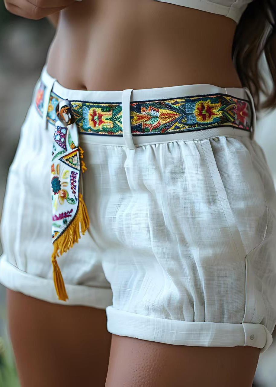 White Pockets Patchwork Cotton Shorts Summer