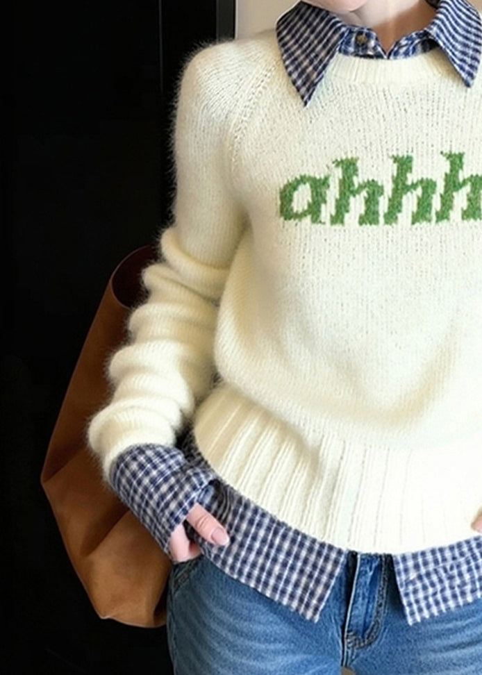 Diy Beige Letter Patchwork Knitted Fake Two Piece Sweater Winter