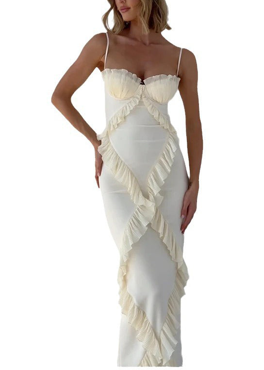 White Ruffled Patchwork Cotton Spaghetti Strap Dress Summer