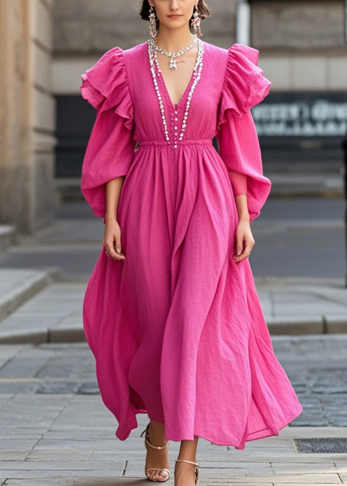 Rose Ruffled Nail Bead Cotton Party Dress Fall
