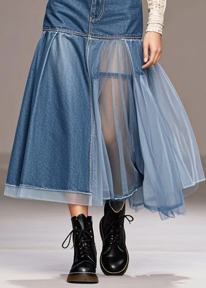 Blue Silm Fit Tulle Patchwork Denim Skirt Spring