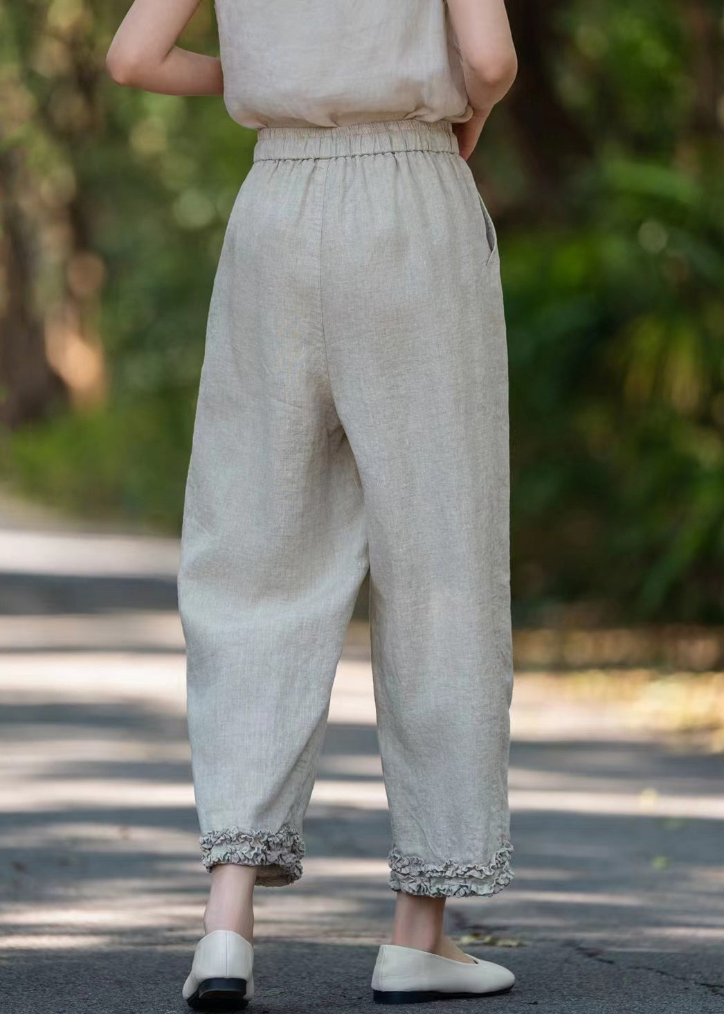 Khaki Lace Up Linen Pants Ruffled Summer