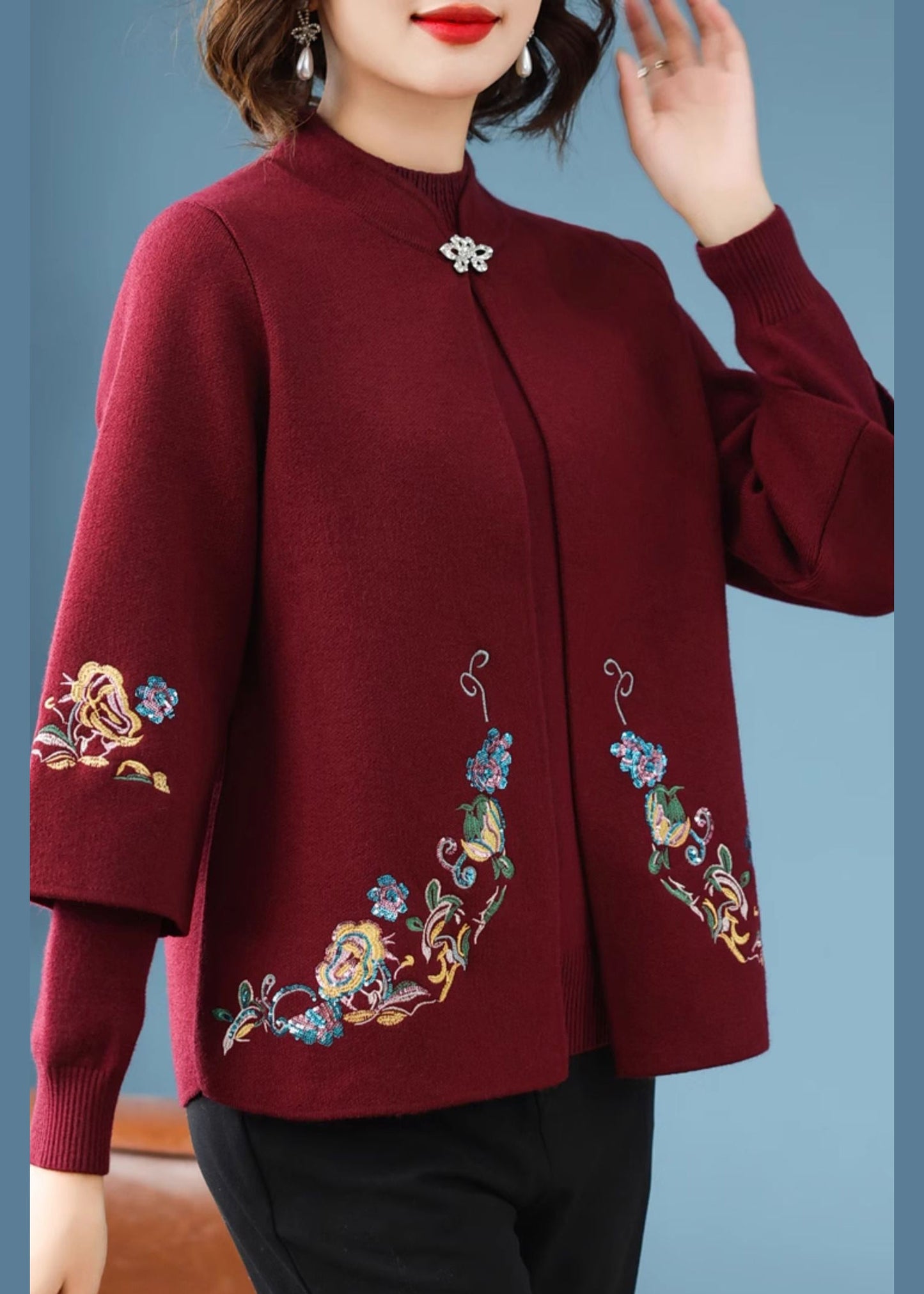Red Stand Collar Cotton Knit Cardigans and Sweater Two Piece Set Fall