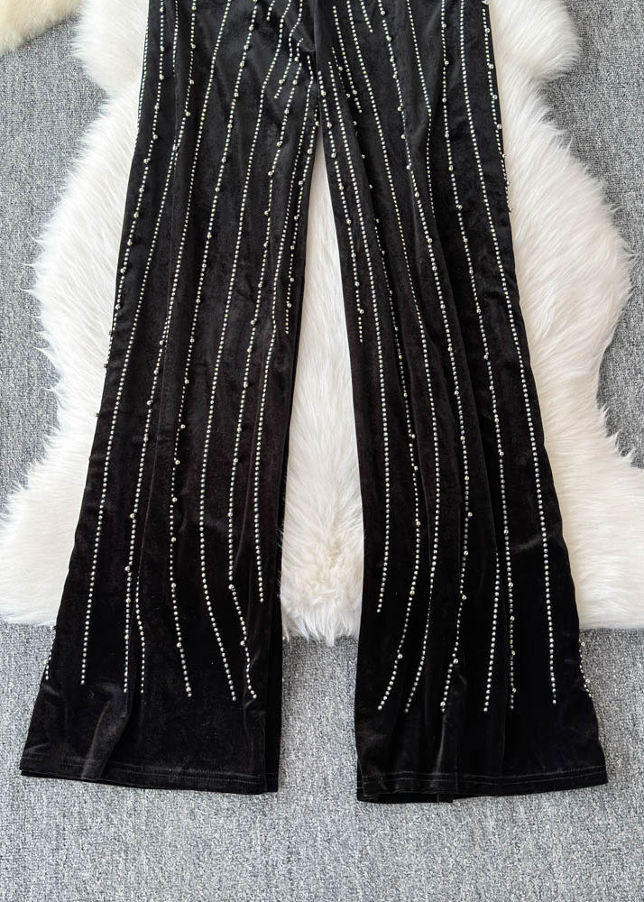 Mulberry Striped Zircon Silk Velvet Wide Leg Pants Spring