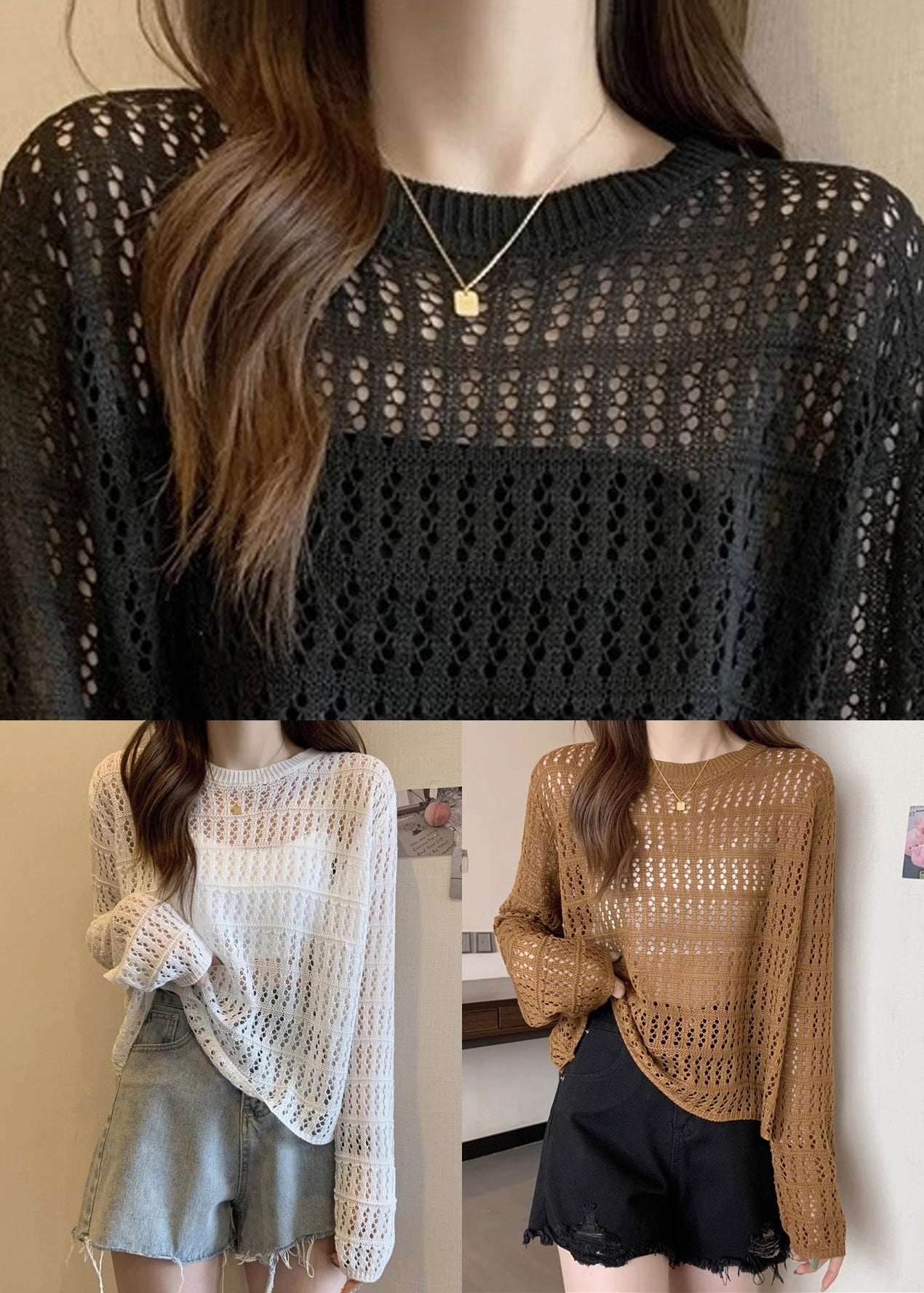 Loose Caramel Hollow Out Cozy Knit T Shirts Long Sleeve