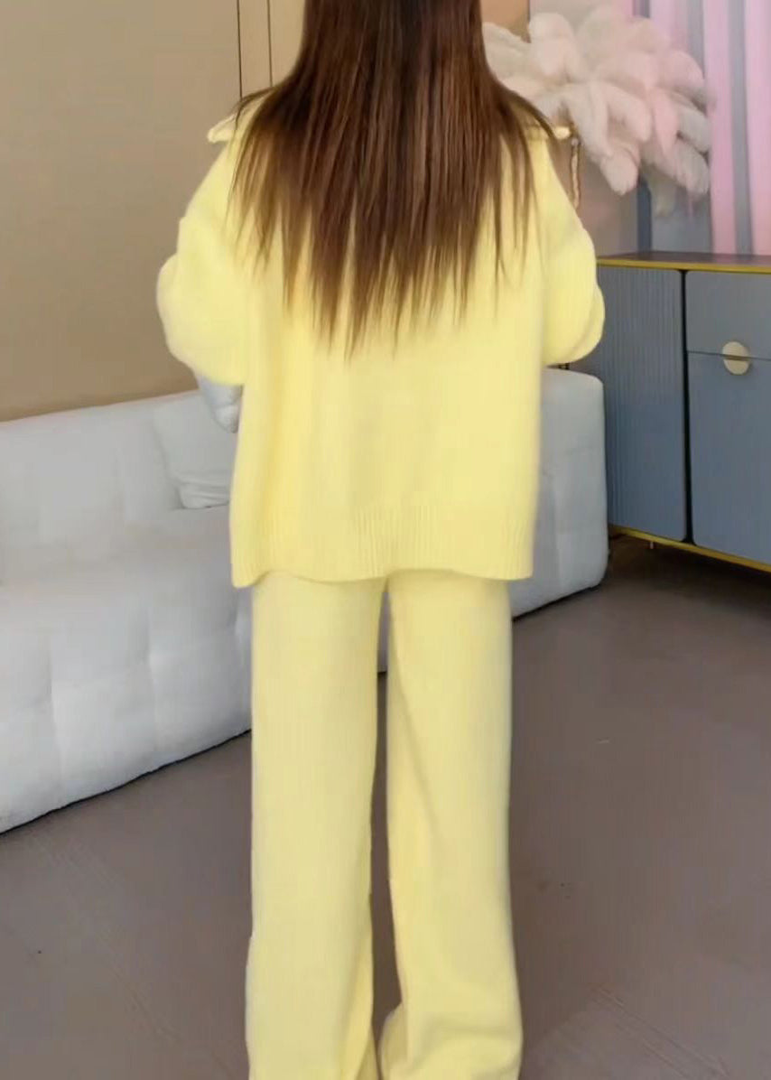 Yellow Zippered Cotton Knit Coats and Wide Leg Pants Two Pieces Set Winter