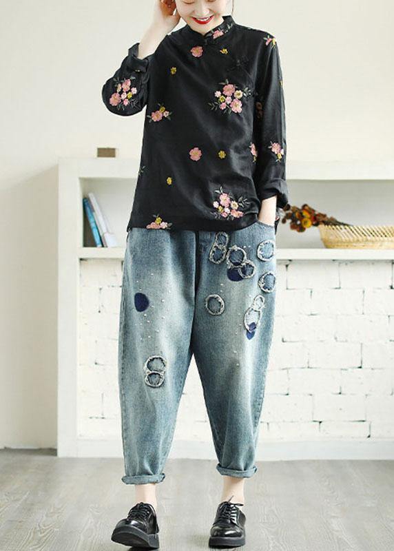 Black Embroidered Stand Collar Button Fall Long Sleeve Shirt