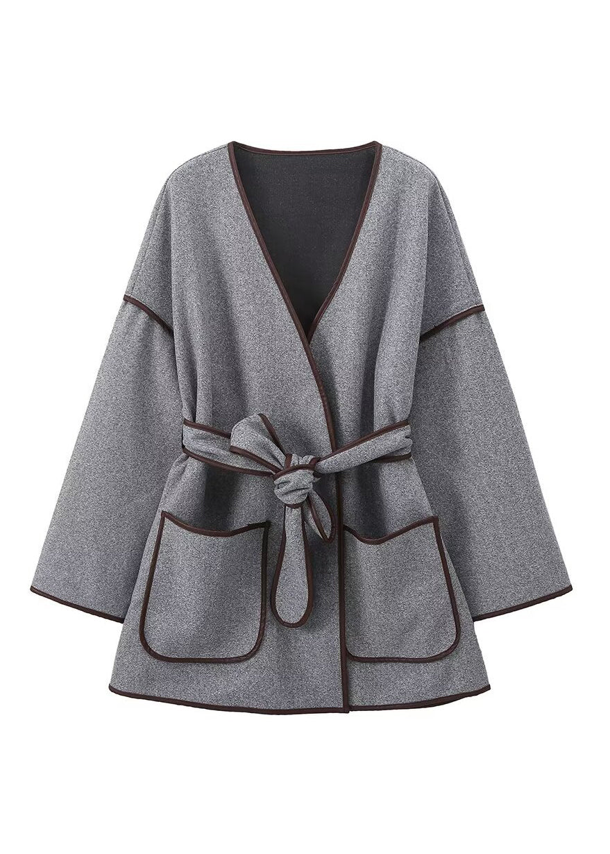 Grey Pockets Tie Waist Woolen Jacket Fall