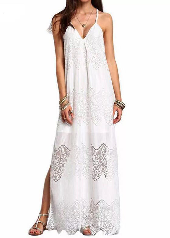 European and American Style White V Neck Lace Spaghetti Strap Dress Summer