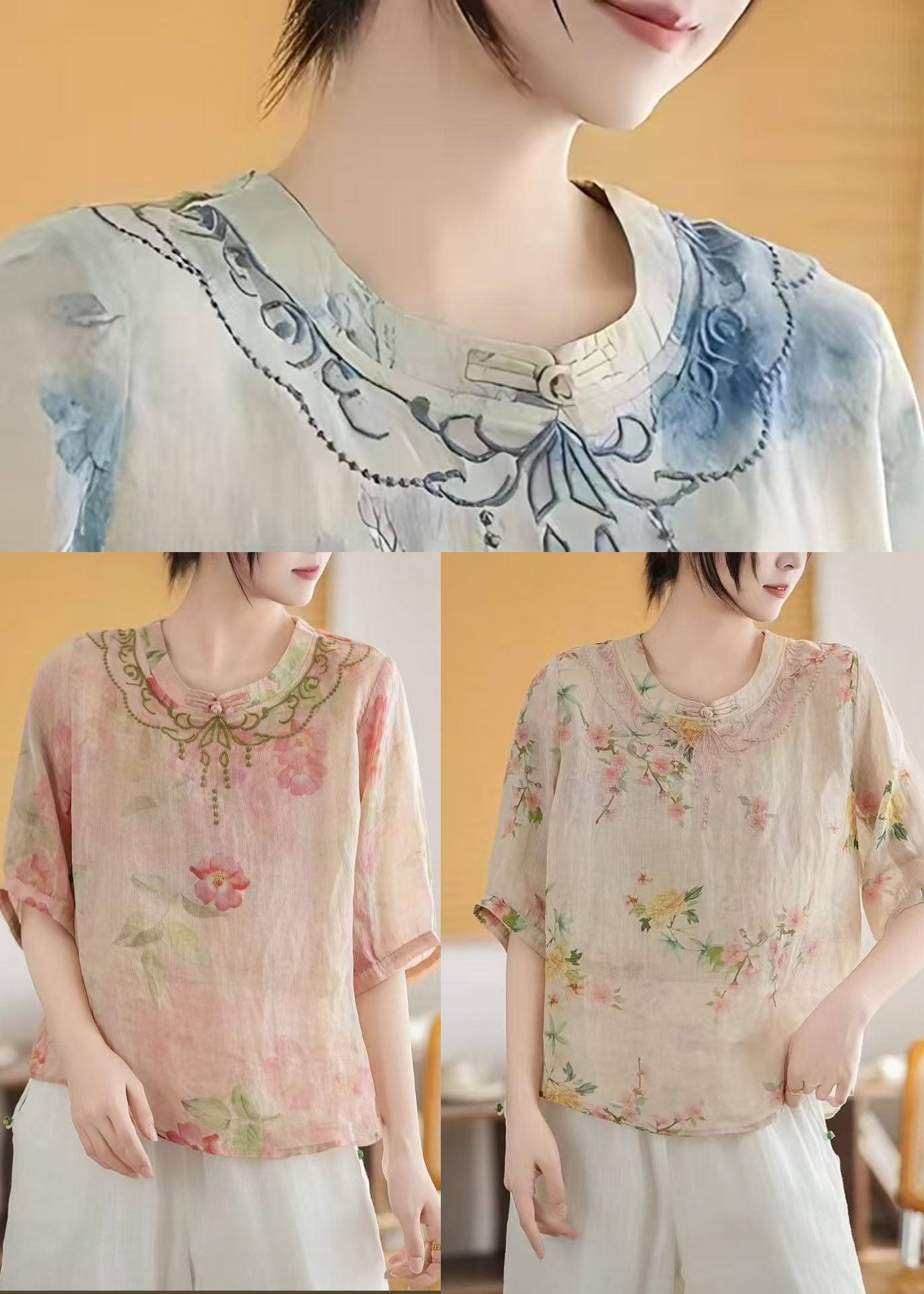 New Retro Apricot Print Linen Chinese Style Tops Summer
