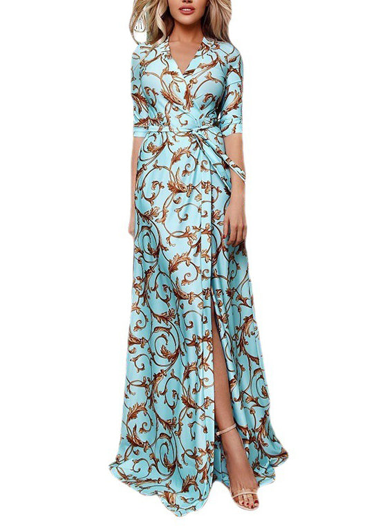 Classy Green Print Lace Up Side Open Cotton Long Dresses Summer
