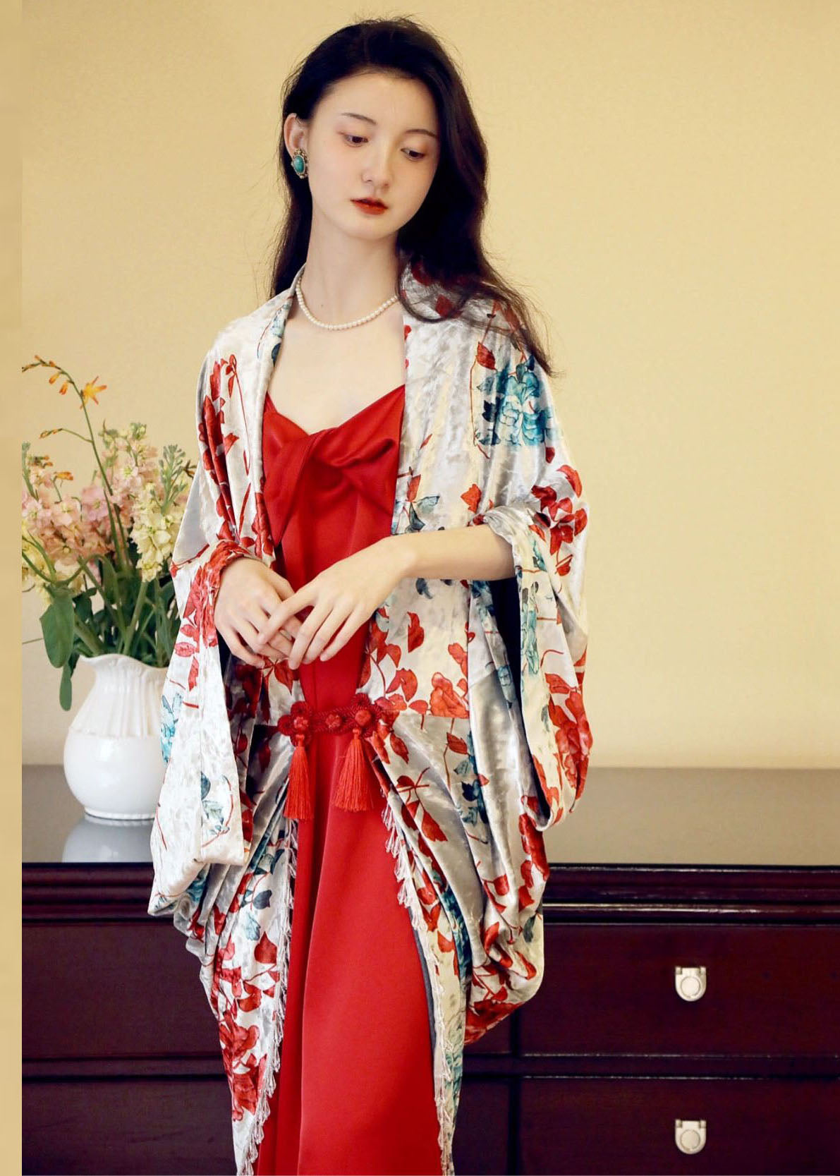 Red Print Cardigans and Slip Dress Two Pieces Set Fall