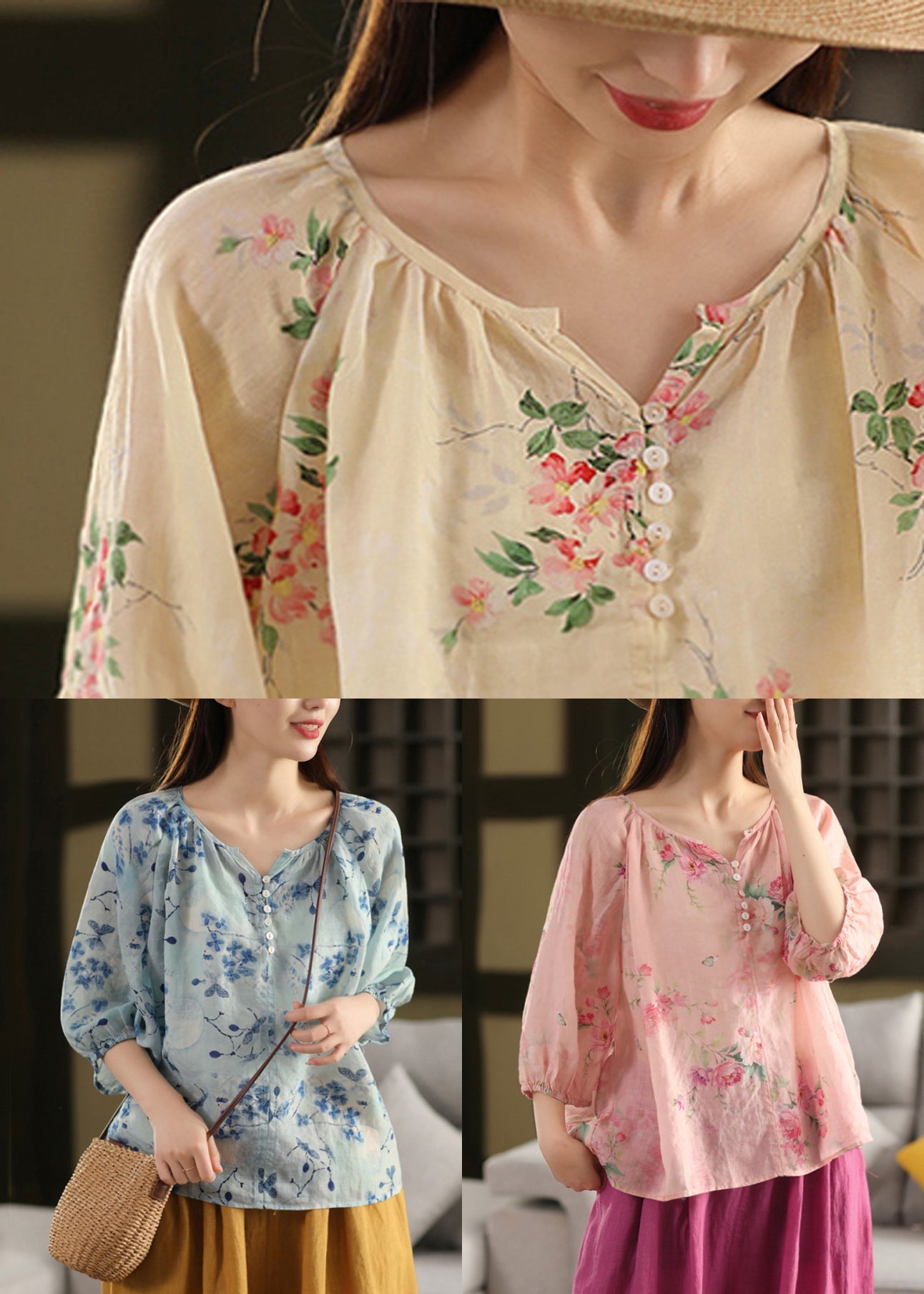 Stylish Blue V Neck Print Linen Shirts Bracelet Sleeve