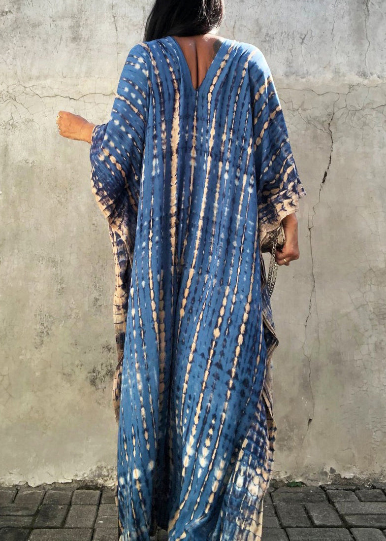 Blue V Neck Tie Dye Cotton Vacation Dresses Summer