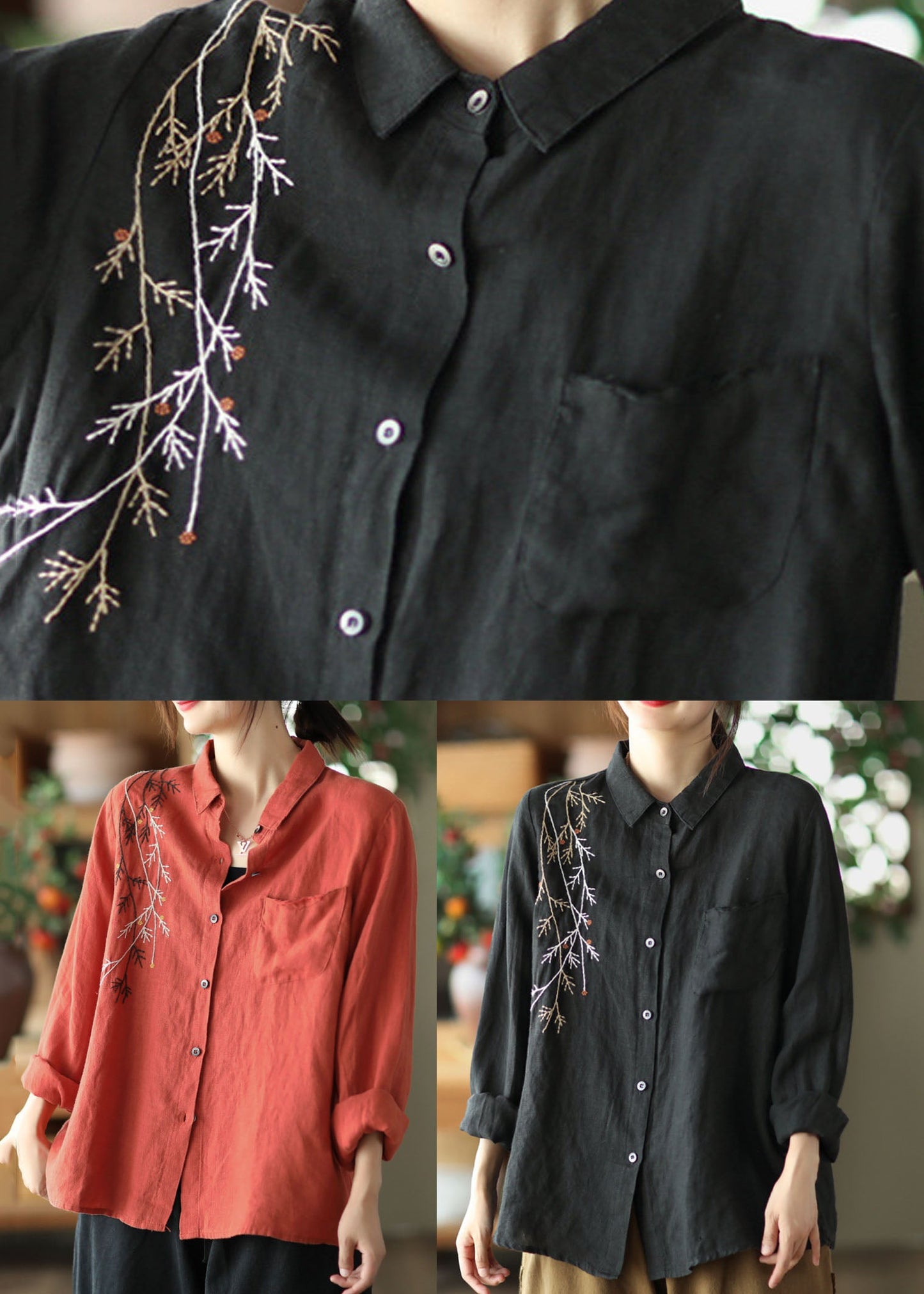 Orange Linen Blouses Embroidered Chinese Style Long Sleeve