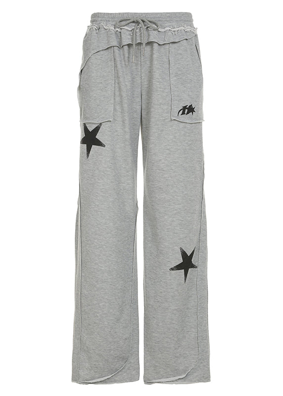 Grey Five Pointed Star Print Cotton Straight Pants Spring
