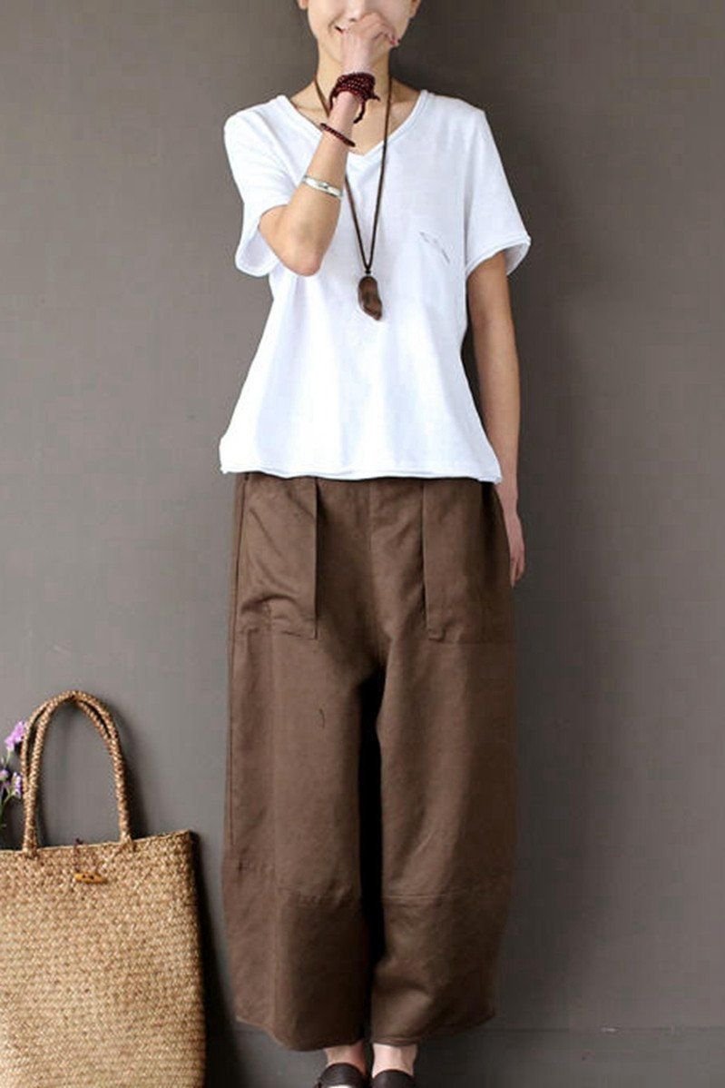 Coffee Loose Cotton Linen Ankle Length Pants Outfits