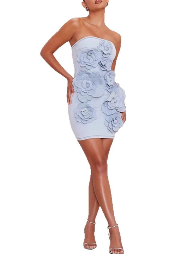 Blue Strapless Zippered Denim Mini Dress Sleeveless