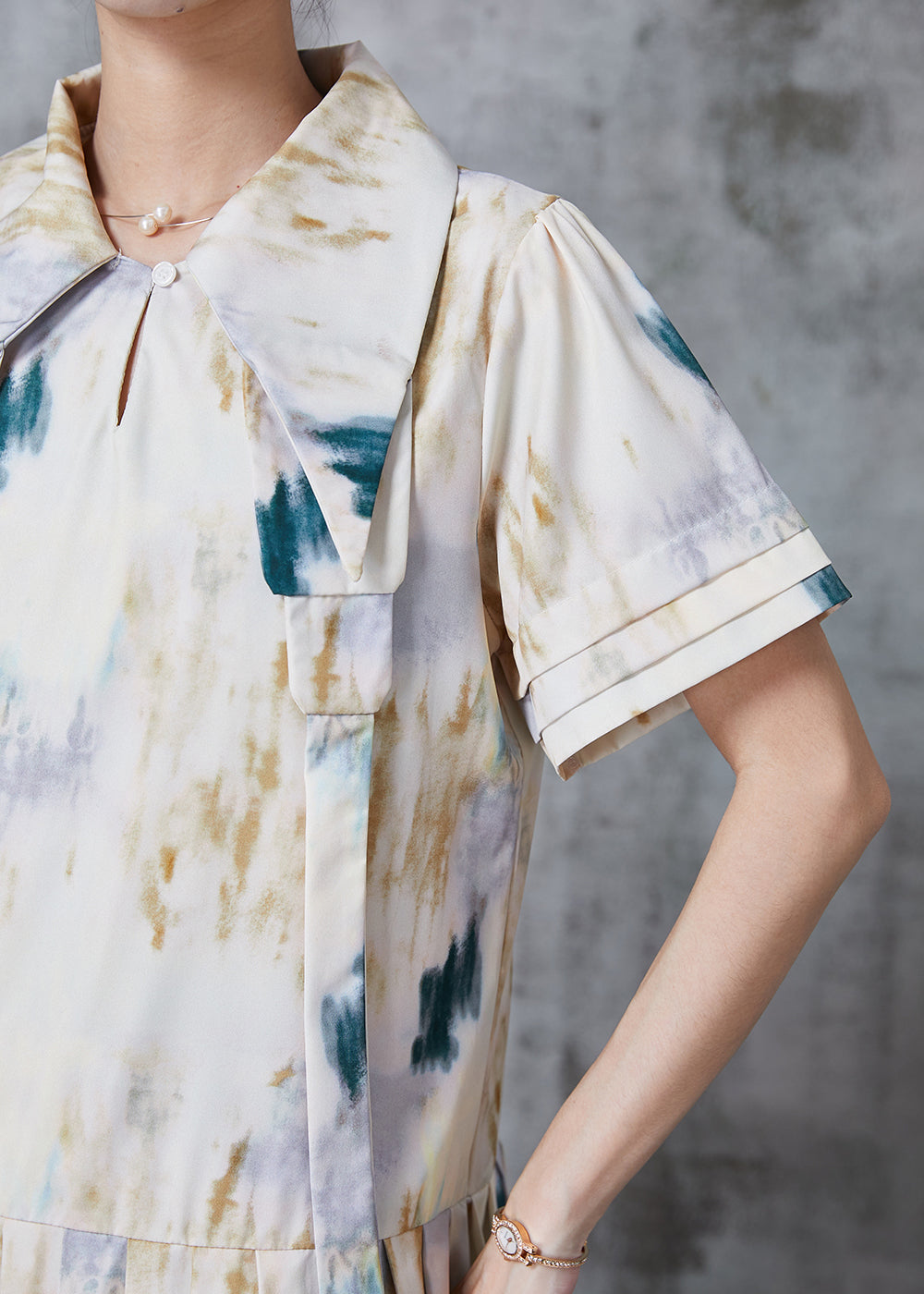 White Peter Pan Collar Tie Dye Cotton Pleated Dresses Summer