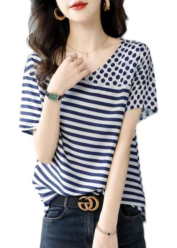 Blue O Neck Striped Dot Patchwork Silk Top Summer