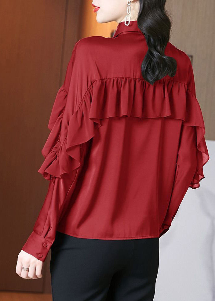 Red Peter Pan Collar Ruffled Patchwork Silk Shirts Spring