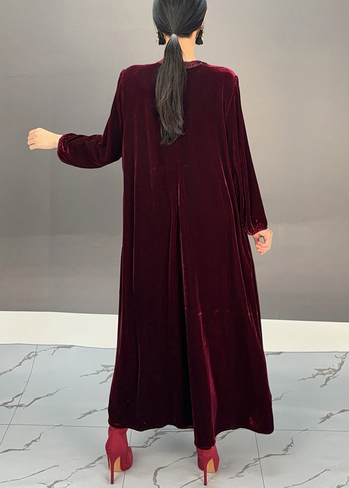 Loose Purple Red O Neck Silk Velvet Maxi Dress Fall