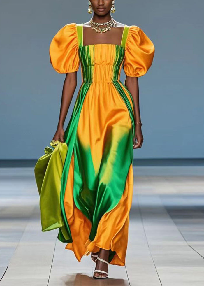 Yellow Puff Sleeve Tie Dye Silk Holiday Dress