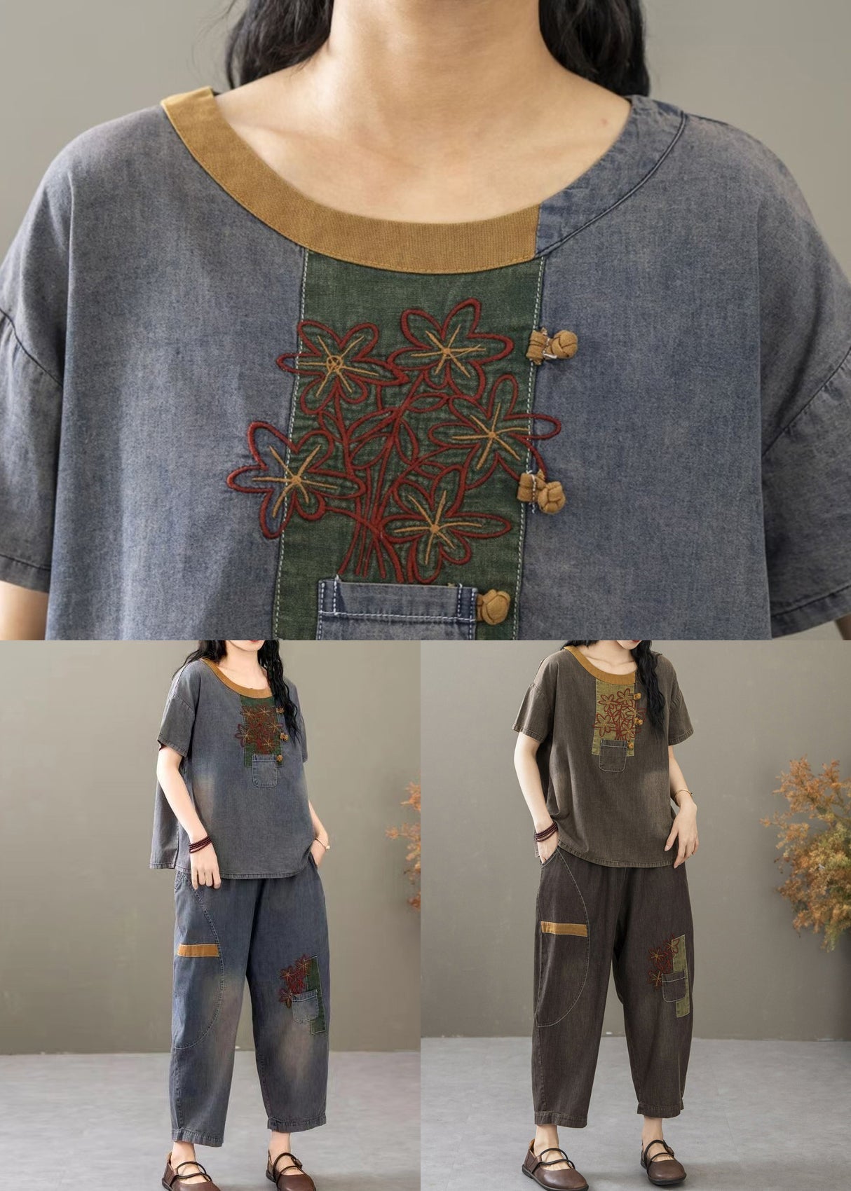 Retro Black Embroidered T Shirt and Crop Pants Denim Two Pieces Set Summer