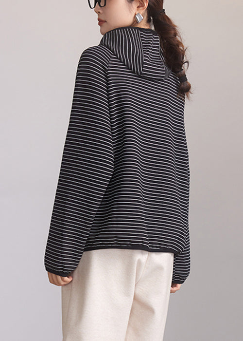 Striped Hooded Zippered Pockets Cotton Coat Spring