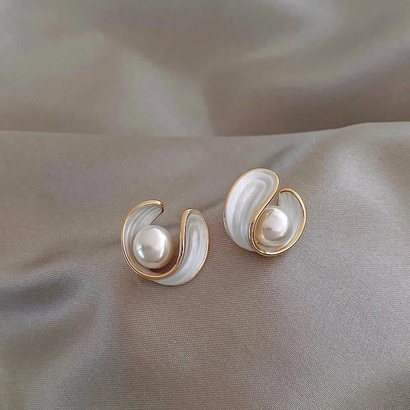 White Opal and Pearl Earrings in Gold