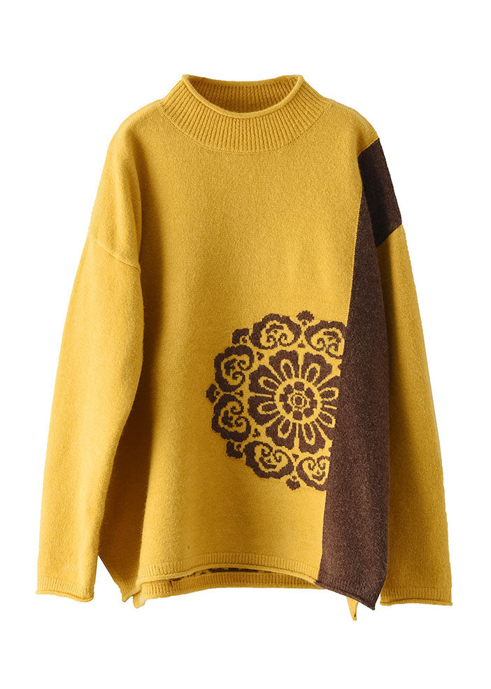 Loose Yellow Color Block Jacquard Knit Top Winter