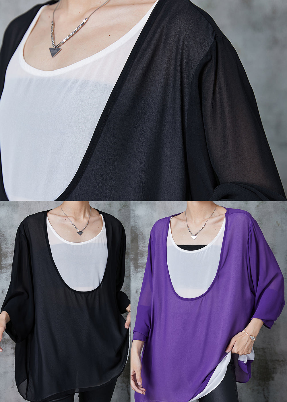 Black Oversized Patchwork Chiffon Sweatshirts Top Summer