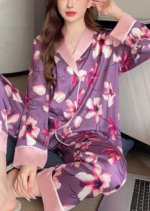 Purple Print Patchwork Ice Silk Pajamas Two Piece Set Spring