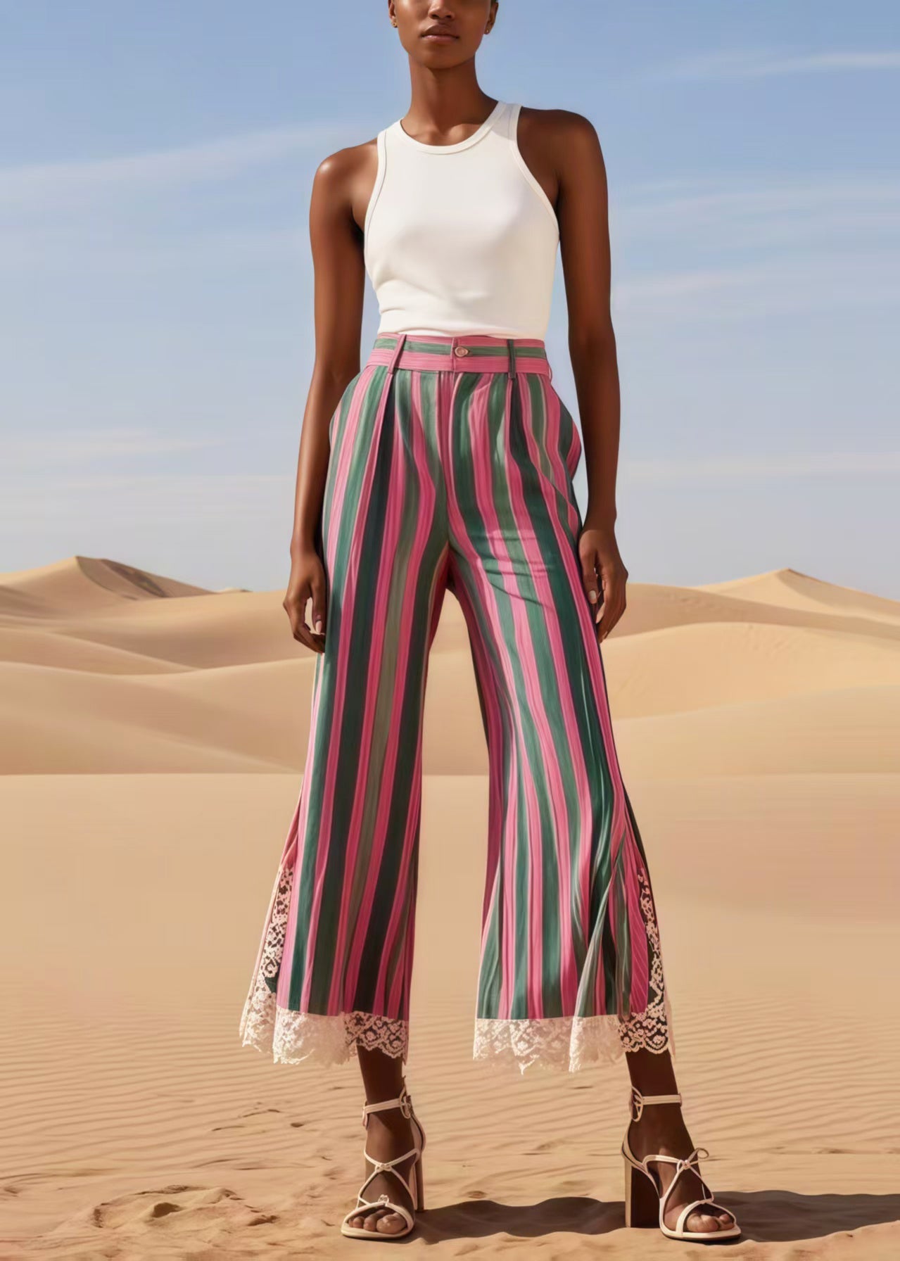 Colorblock Striped Patchwork Lace Bell-bottom Trousers Summer