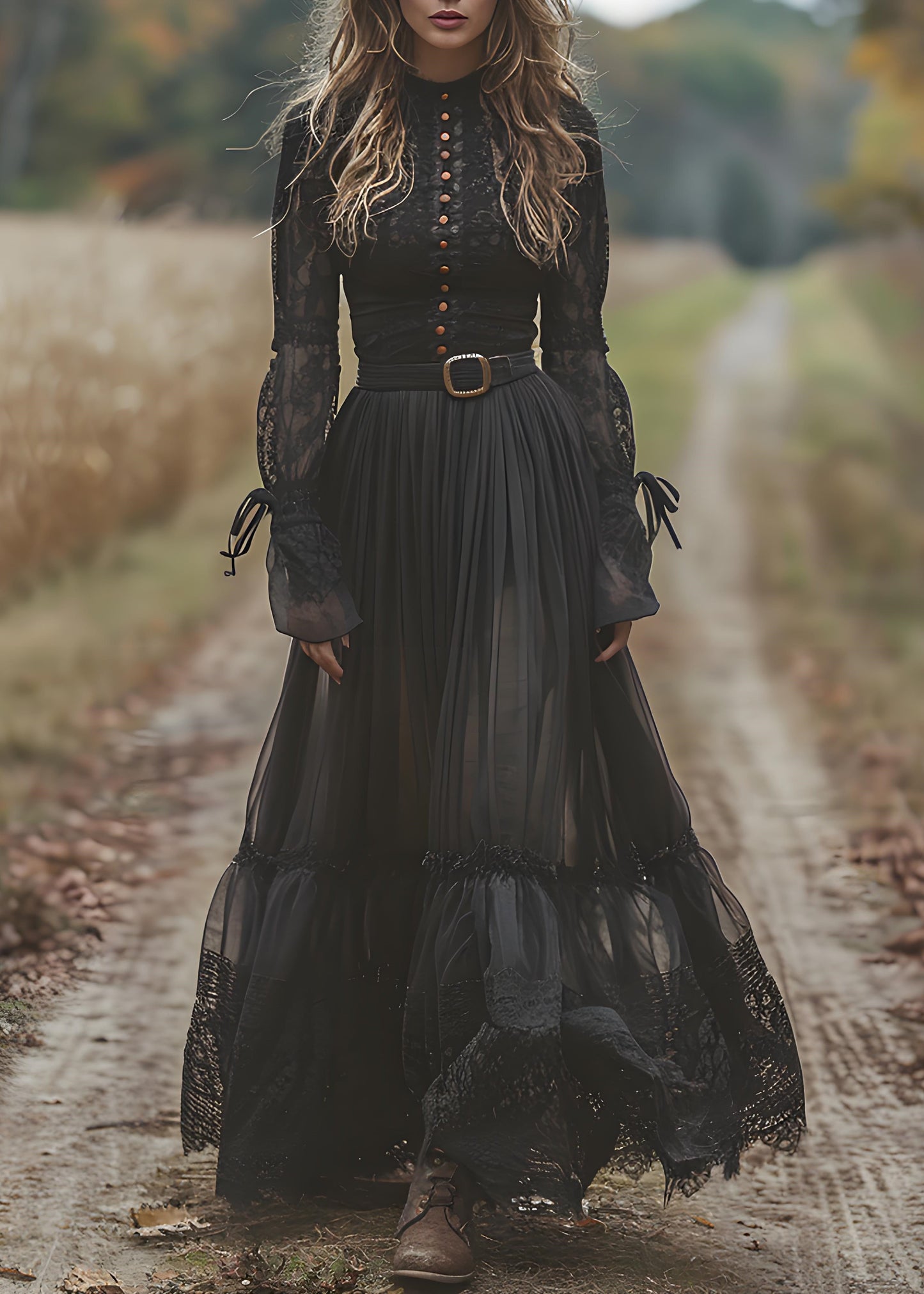 Black Lace Patchwork Wrinkled Cotton Maxi Dresses Spring