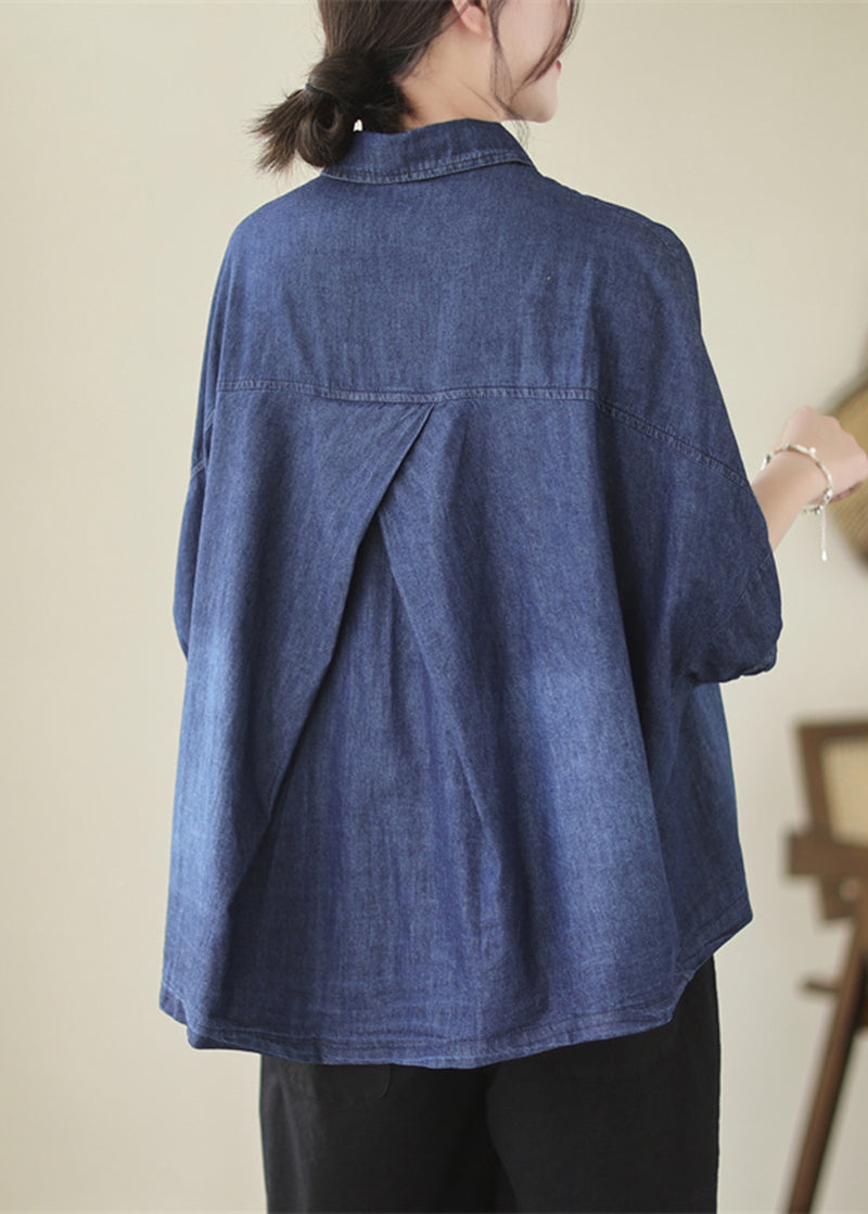 Navy Oversized Washed Denim Blouses Batwing Sleeve