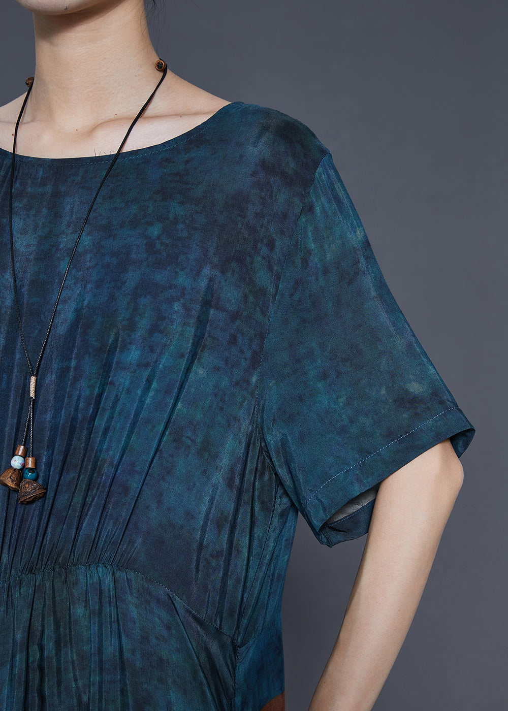 Natural Navy Oversized Print Silk Ankle Dress Summer