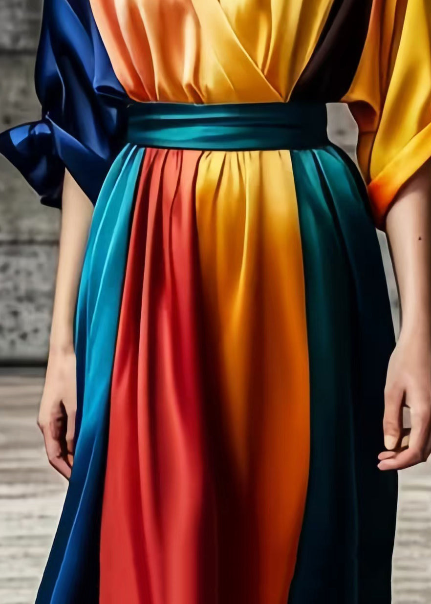 Colorblock V Neck Tie Dye Silk Vestidos Dresses Summer