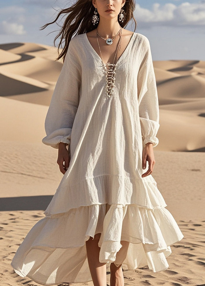 White Oversized Ruffles Cotton Long Dress Fall