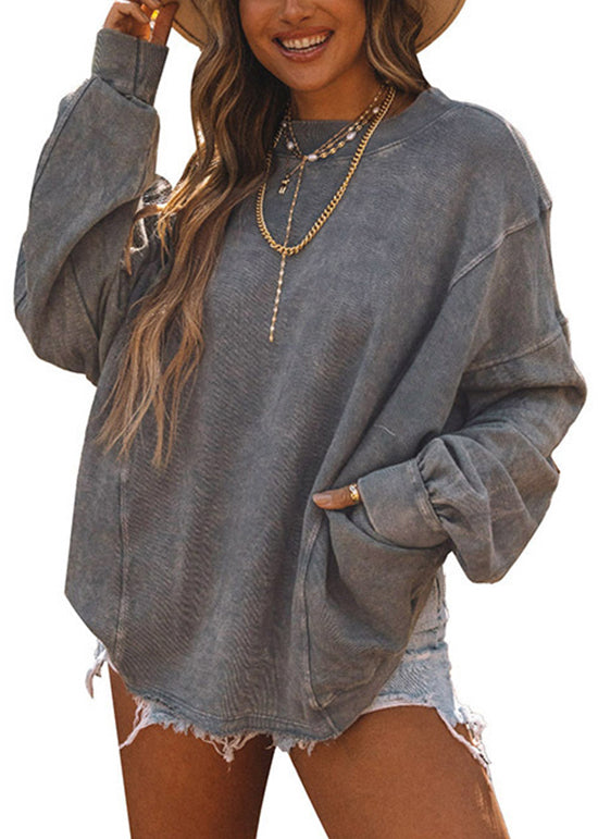 Loose Grey Slash Neck Cotton Sweatshirts Top Fall