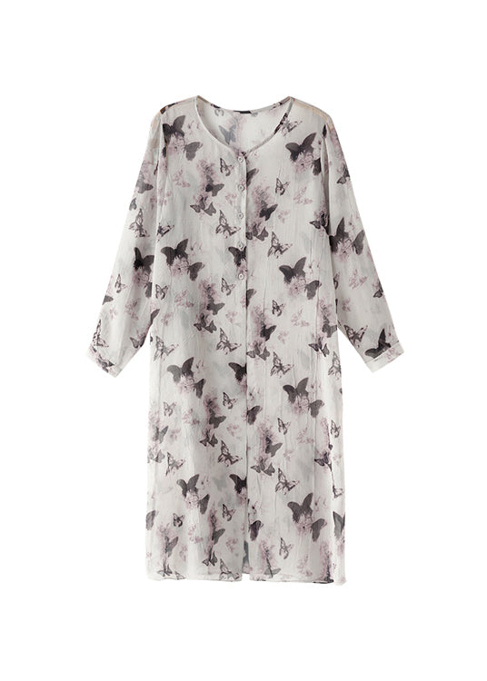 Organic Grey O Neck Print Chiffon Upf 50+ Coat Summer