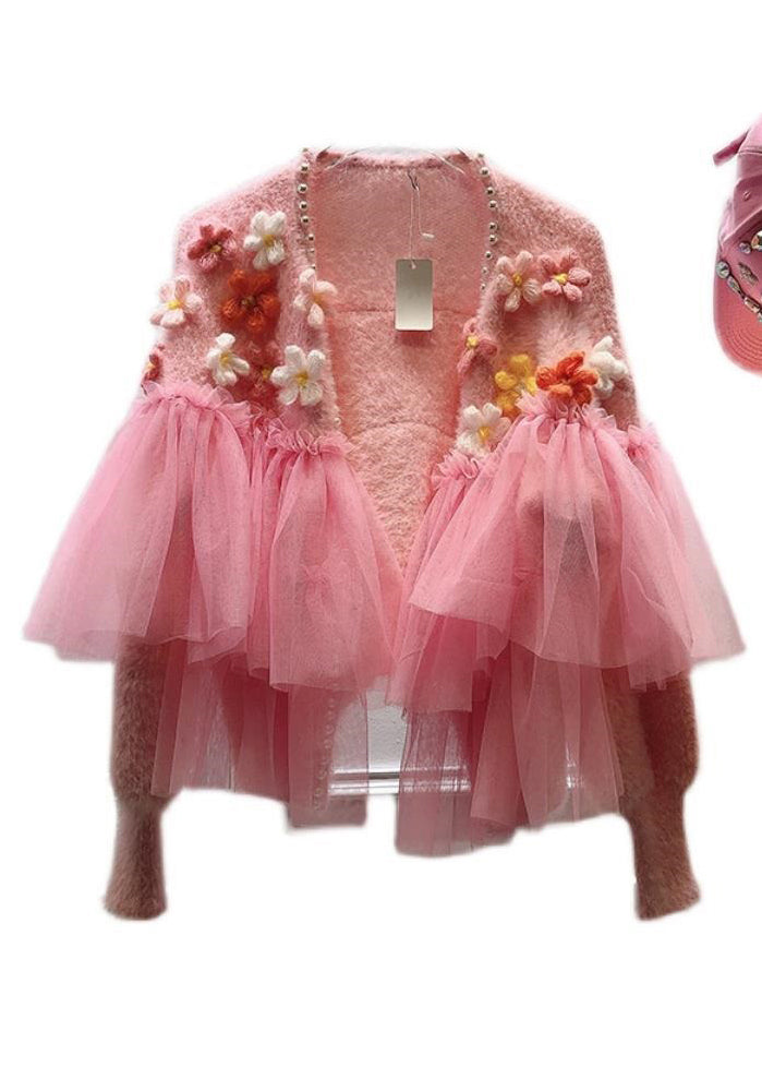 Pink Nail Bead Tulle Patchwork Knit Cardigans Spring
