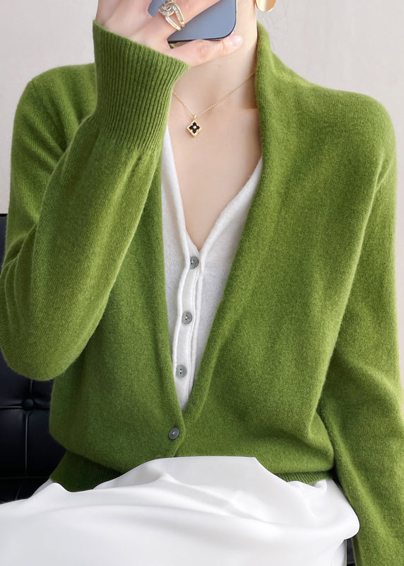 Green V Neck Button Patchwork Wool Knit Top Fall